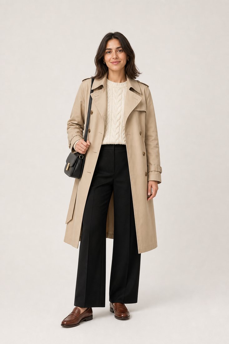 Photo of a woman in a camel trench coat